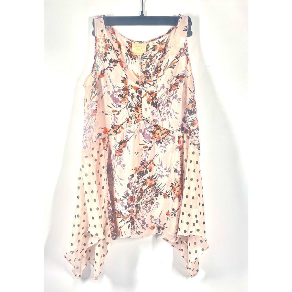 Anthropologie Vanessa Virginia Pink Floral Polka Dot V Neck Sheer Tank XS